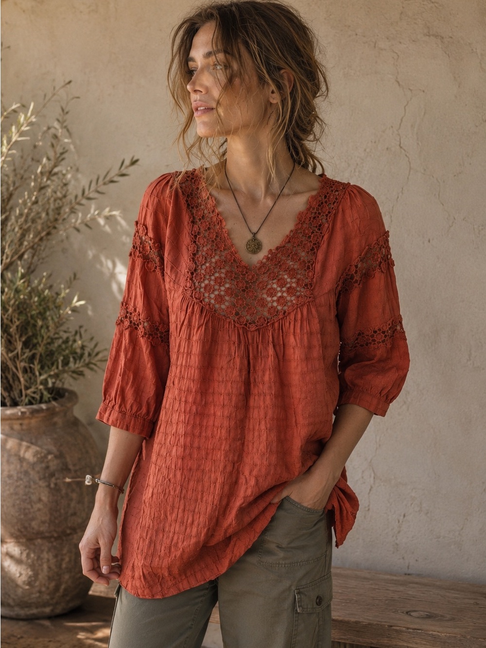 Maria Rerio Tangerine Crochet Boho Peasant Blouse Top Large